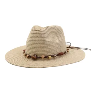 Summer straw sun hat for men and women, wide brim beach hat with beaded braided band.