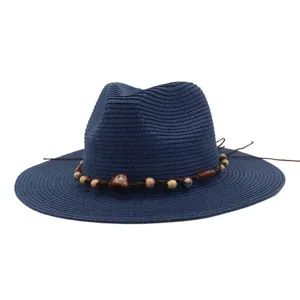 Summer blue straw hat with wooden bead decoration, wide brim sun hat for outdoor beach.