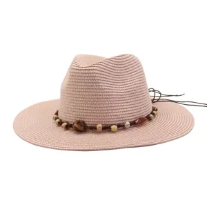 Summer straw hat for men and women, wide brim beach sun hat with bead braided band.