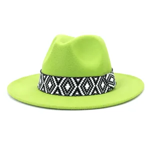 Sombrero fedora de lana verde unisex con cinta geometrica, elegante estilo de otono invierno.