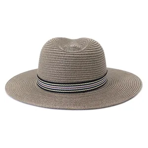 Unisex zomer strooien zonnehoed strand fedora hoed met gestreepte band voor vakantie