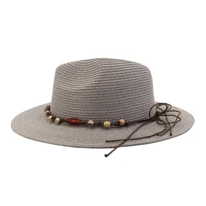 Casual gray sun hat with beaded rope trim, perfect for outdoor beach summer wear.