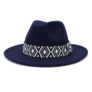 Sombrero fedora de lana azul marino para hombres y mujeres ala ancha con banda tejida.