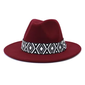Sombrero fedora de lana roja con cinta geométrica en blanco y negro para hombre y mujer moda
