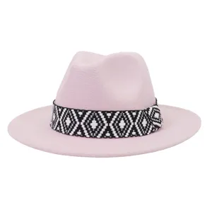 Sombrero fedora rosa para hombres y mujeres, ala ancha fieltro de lana jazz con cinta blanco y negro.