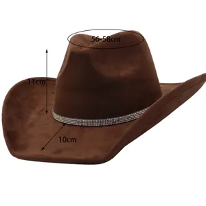 Brown suede cowboy hat with rhinestone band wide brim vintage fedora hat for women men