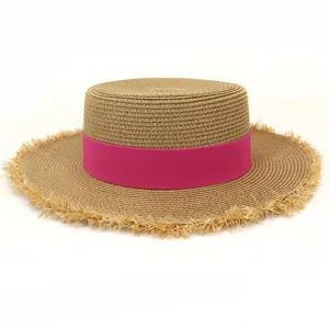 Damen Strohhut flacher Kopf breite Fransen Krempe Sonnenhut Strandhut rosa Band Sommer