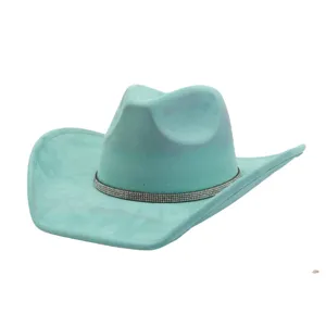 Close-up detail of soft faux suede cowboy hat featuring sparkling rhinestone decorative band