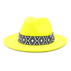 Sombrero fedora amarillo neón para hombre y mujer, sombrero jazz ala ancha con banda geométrica.