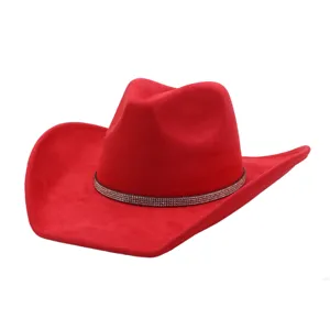 Red suede cowboy hat with sparkling rhinestone band, wide brim western jazz hat detail.