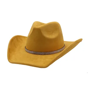 Suede cowboy hat with rhinestone band, wide brim western fedora hat for autumn and winter.