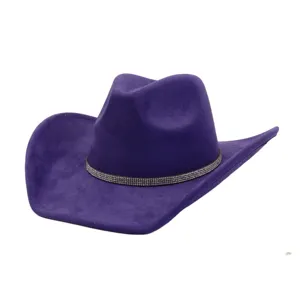 Stylish purple suede cowboy hat with sparkling rhinestone band, perfect for autumn and winter fashion.