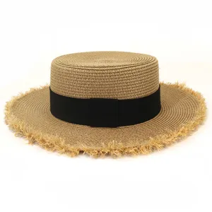 Damen Stroh Sonnenhut flacher Top grosse Krempe Fransen Sommer Strand Hut Freizeit Mütze