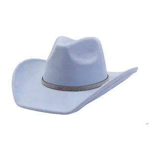Light blue suede cowboy hat featuring a stylish sparkling rhinestone band for daily wear.