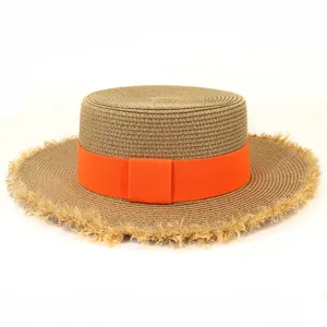 Damen Flacher Strohhut mit orangefarbenem Band und fransiger breiter Krempe Strand Sonnenschutz