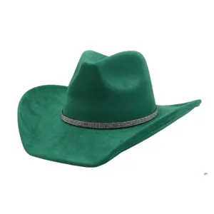 Wide Brim Fedora Hat For Women Men Suede Jazz Cowboy Hat With Rhinestone Band Retro Fashion Winter Autumn Hat