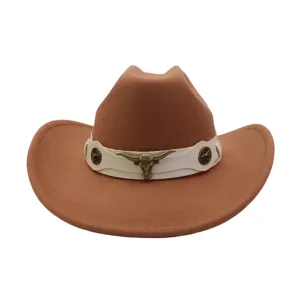 Closeup detail of brown wool felt western cowboy hat with white band and bronze bull head.