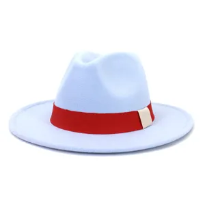 Chapeau fedora en feutre de laine bleu clair avec ruban rouge, chapeau de jazz à bord plat.