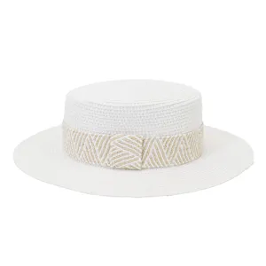 Classic white flat top straw hat with a chic woven band for summer outdoor fashion details.
