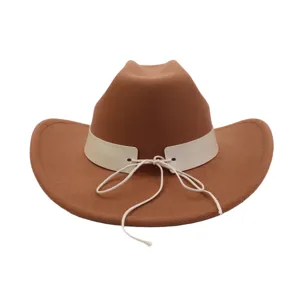 Brown felt cowboy hat detail featuring a chic beige leather strap and decorative bow tie.