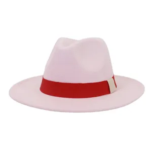 Chapeau fedora classique en laine rose avec un bandeau rouge vif pour la mode hommes femmes