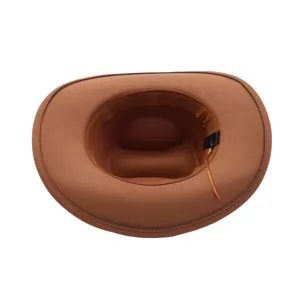 Brown felt cowboy hat interior detail view, showing soft lining and quality material.