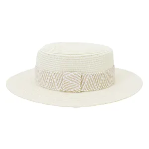 Detailed view of beige flat top straw hat with woven band, perfect summer sun protection.