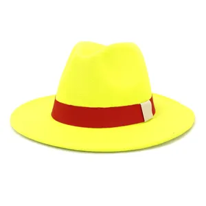 Chapeau Fedora en Laine Jaune avec Ruban Rouge Large Bord Chapeau Jazz Mode Tendance