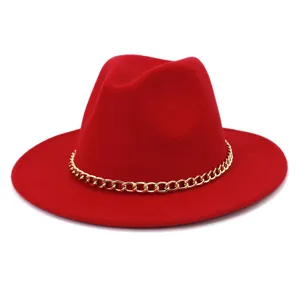 Chapeau fedora en feutre de laine rouge chaine doree, chapeau jazz automne hiver femme