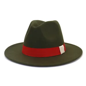 Chapeau fedora classique en feutre vert olive avec ruban rouge et détail blanc pour adultes