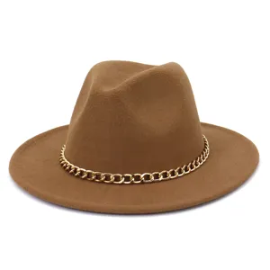 Chapeau Fedora en Laine Style Britannique pour Femme Homme Automne Hiver Large Bording Chapeau en Feutre avec Chaîne en Métal Doré Chapeau de Jazz