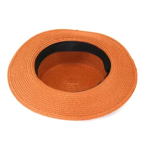 Orange flat top straw hat with black inner band, wide brim summer sun hat for outdoor travel.