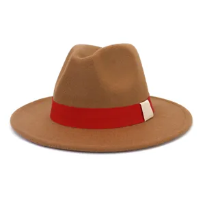 Chapeau fedora en feutre de laine pour hommes et femmes, large bord plat avec ruban rouge.