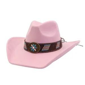 Pink suede western cowboy hat with ethnic patterned band and floral buckle for women.