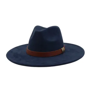 Detailed view of the dark blue suede wide-brim fedora hat with brown leather band.
