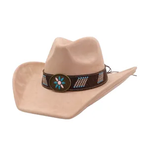 Classic suede western cowboy hat with ethnic beaded band and turquoise flower metal buckle for autumn.