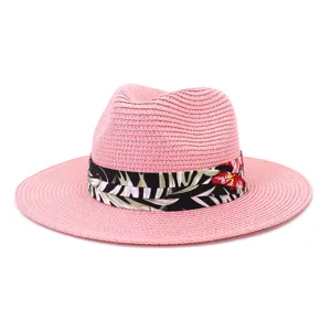 Rosa Strohhut Damen, stilvoller Strand Sonnenhut für Outdoor Sommer Urlaub und Reise stilvoll.