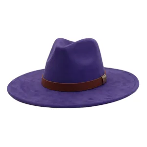 Purple suede fedora hat with brown leather band and metal buckle for classic vintage style.