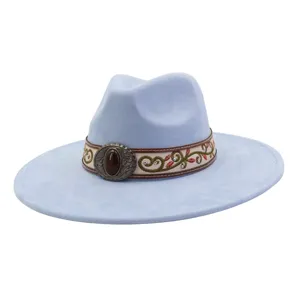 Light blue faux suede fedora hat with boho embroidered band and vintage gemstone buckle.