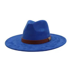 Blue suede fedora hat detail, wide brim and brown leather band, stylish men women accessory.