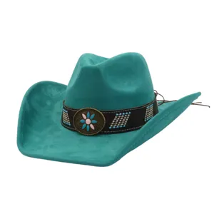 Retro suede western cowboy hat wide brim jazz cap with ethnic flower metal buckle for autumn.