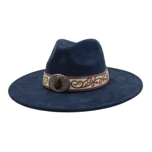 Detailed view of the wide flat brim suede fedora jazz hat with vintage embroidered band.
