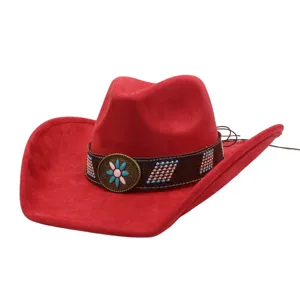 Red suede cowboy hat for women men wide brim retro jazz hat ethnic style winter autumn outdoor