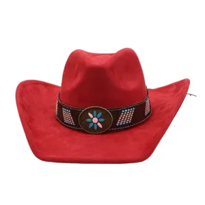 Red suede cowboy hat detail showing ethnic decorative band and flower metal buckle feature.