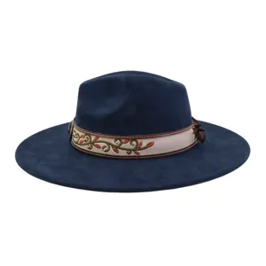 Close-up view of the navy blue suede fedora hat with intricate ethnic embroidered band.