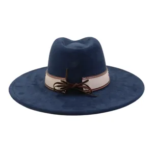 Dark blue wide brim fedora hat with suede texture, beige band and brown bow for autumn.