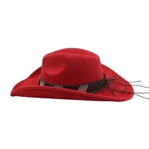 Red faux suede cowboy hat with beaded leather band for autumn and winter fashion style detail view
