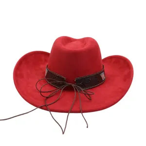 Red suede cowboy hat wide brim fedora western style jazz hat with leather band and tassel ties.