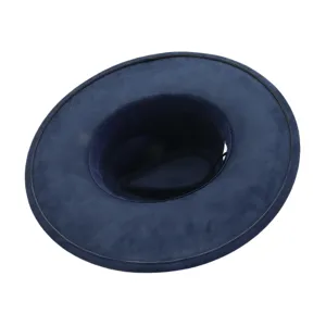 Detail view of classic navy blue wide brim fedora hat, soft suede texture for autumn winter.