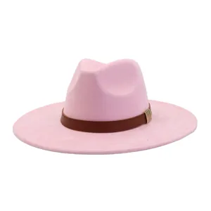 Pink fedora hat detail, wide brim design with brown leather belt and metal buckle accent.